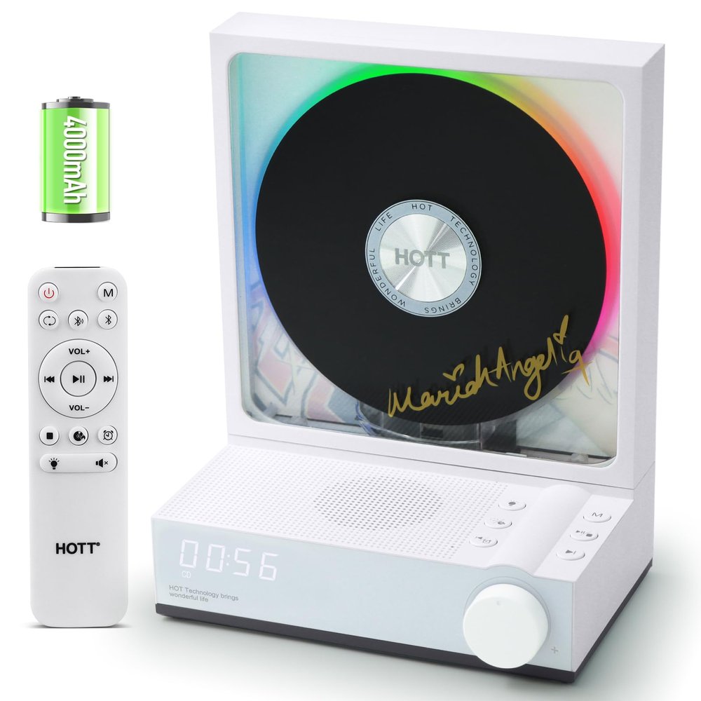HOTT C229 Portable CD Player Bluetooth 5.3 CD Players for Home,Music Player with HiFi Speaker,Recheageable 4000mAh, Micro SD/AUX/Optical Fiber Delivers Desktop CD Players (Blue White)