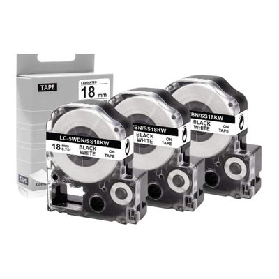 3PK 18mm Black On White Label Tape SS18KW 5WBN Printer Ribbon Compatible with Label Maker Models LW-500 LW-400 LW-700 and Similar Devices