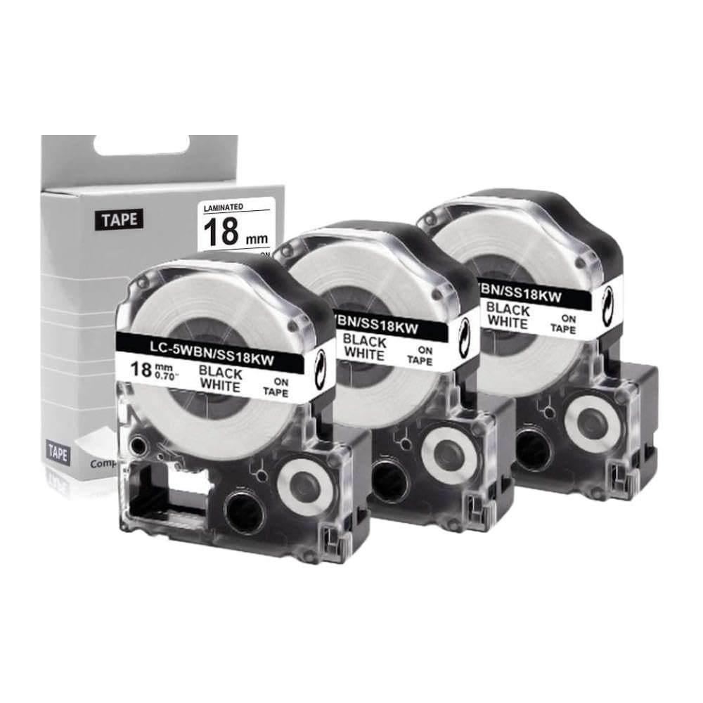 3PK 18mm Black On White Label Tape SS18KW 5WBN Printer Ribbon Compatible with Label Maker Models LW-500 LW-400 LW-700 and Similar Devices
