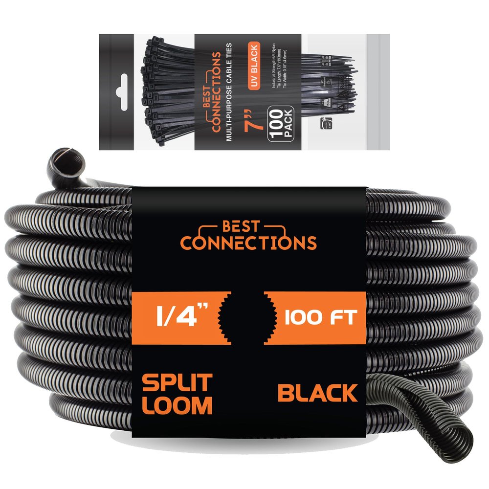 BEST CONNECTIONS 100 Ft  1/4" Diameter Split Wire Loom Flex-Guard Convoluted Tubing with 100 Pcs x 7" Nylon Cable Zip Ties  Protective Split Cable Sleeves/Conduit  Black