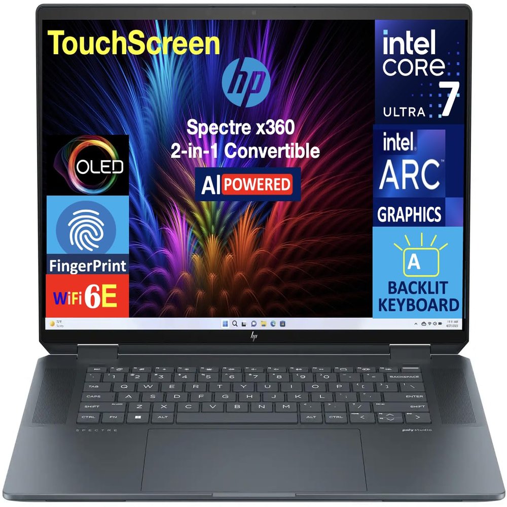 HP Spectre x360 AI Powered 2-in-1 Laptop 16.0" Touchscreen OLED 2.8K Display (Intel Ultra 7-155H, 32GB LPDDR5X, 1TB PCIe SSD, Backlit KB, Fingerprint, 2 Thunderbolt 4, Win 11 Pro) (Renewed)