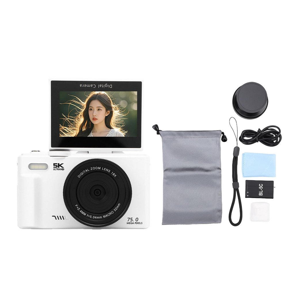 ciciglow 5K Digital Camera for Photography, Wi Fi 75MP Vlog Cameras, Compact Travel Selfie Cam 3 Inch 180 Flip Screen with 18X Zoom, 32GB Memory Card, LED Light (White)