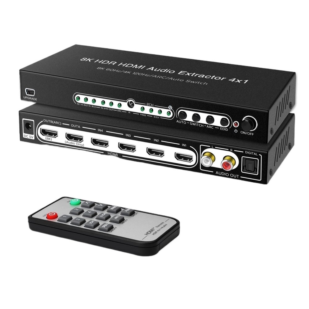 8K HDMI Switch 4 in 1 Out with 7.1CH Audio Extractor & ARC,4x1 HDMI Switch Audio Converter(US Power Adapter)