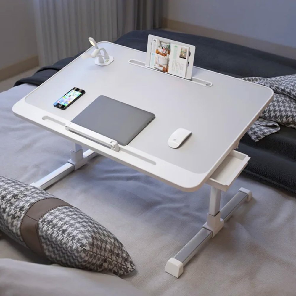 Asiwnshw Laptop Desk for Bed, TV Tray Table, Adjustable Snack Table Sofa Side Table, Foldable Computer Table w/Drawers & Book Stand & USB Interface