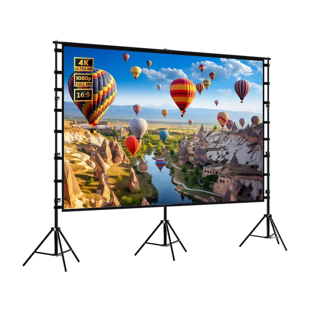 180" 16:9 Mobile Foldable Projection Screen with Tripod Stand, 3D 4K HD Movie Screen, Adjustable Height for Home Theater Outdoor Indoor