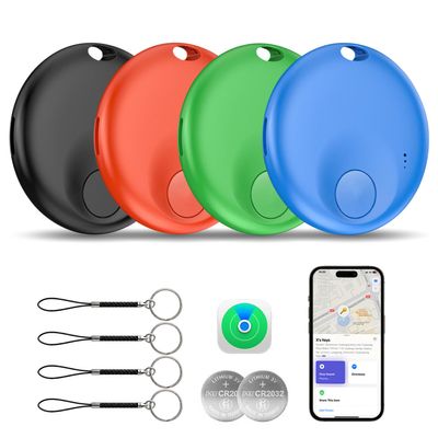 4-Pack Bluetooth Tracker Work with Apple Find My (iOS Only), 100dB Loud Sound Item Locator, Smart Key Finder for Wallets, Luggage, Backpacks, 4 Lanyards & 2 Spare Batteries Included