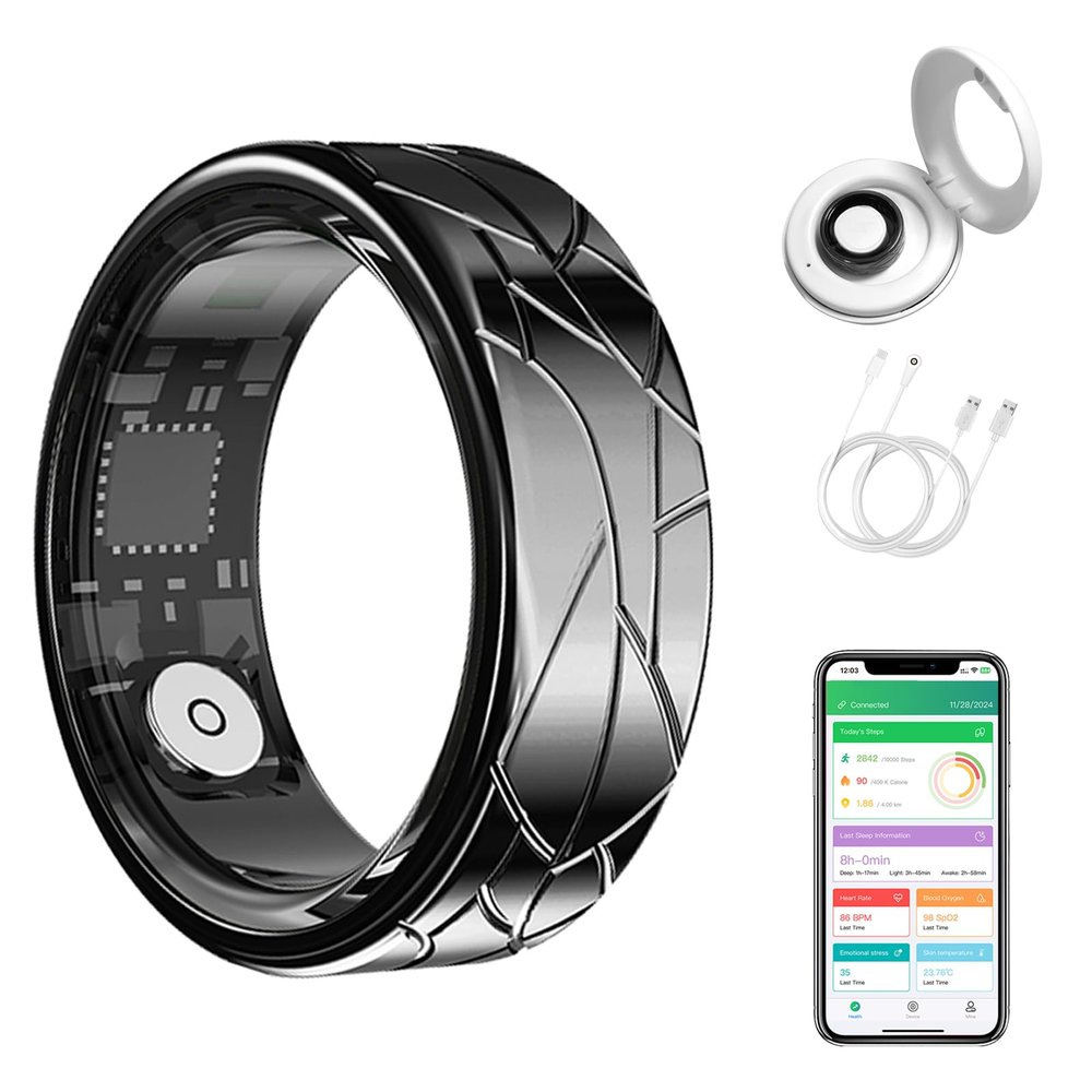 GenXenon Smart Ring for Women Men, Heart Rate/Blood Oxygen/Sleep Tracker/Step Counter, Fitness Ring with Magnetic Charging Case, 5ATM Waterproof for iOS & Android, No Subscription Fee (Black 12-1)