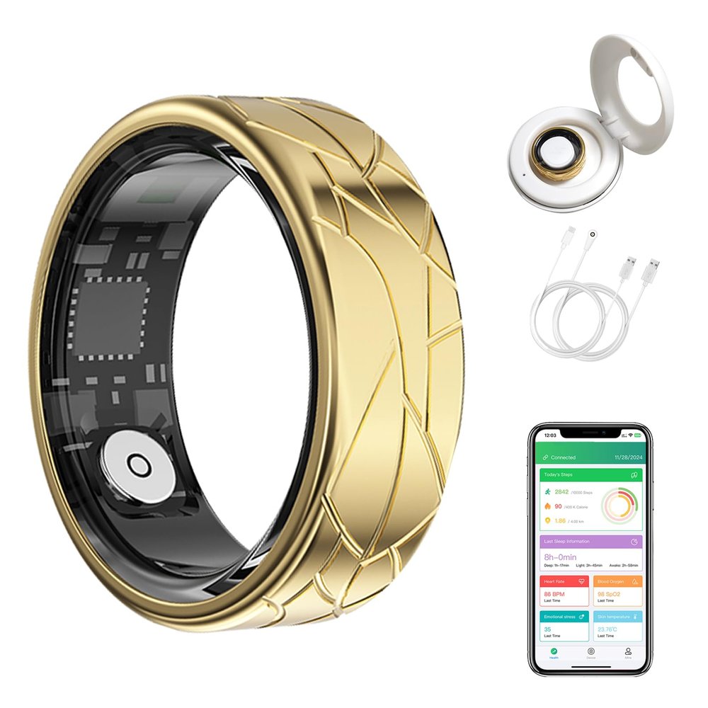 Smart Ring Health Tracker for Women Men, Heart Rate/Blood Oxygen/Sleep Tracker/Step Counter, Fitness Ring with Magnetic Charging Case, 5ATM Waterproof for IOS & Android, No Subscription Fee- Gold 8-1