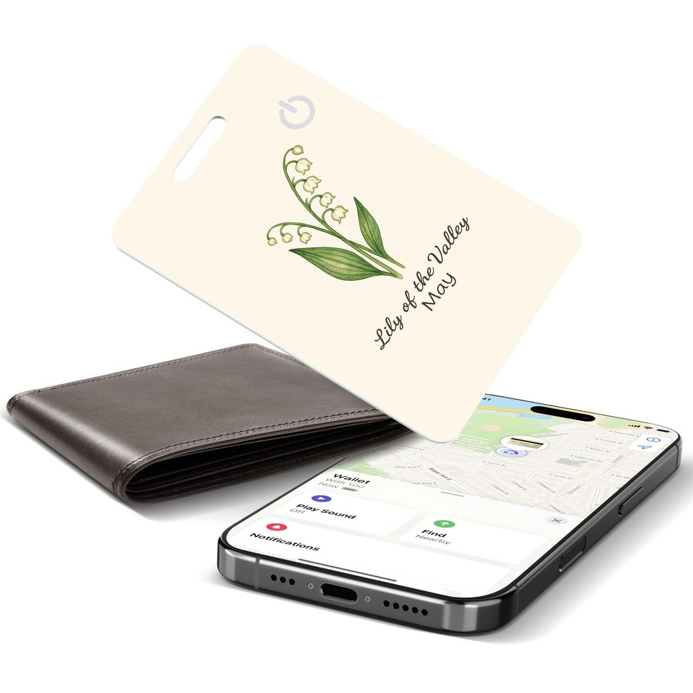 Wallet Tracker Card (iOS Only), Rechargeable Smart Card Wallet Tracker for Apple, Bluetooth Tracking and Phone Finder, 0.06in Slim,Item Locator for Keys, Bags, Passport (May Flowers)
