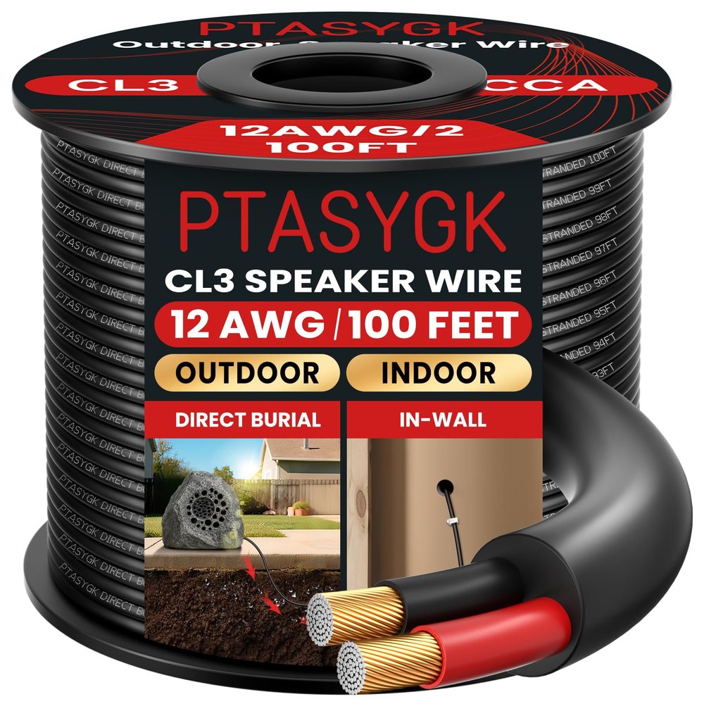 PTASYGK 12/2 Outdoor Speaker Wire - Direct Burial Speaker Cables CL3 CL2 Rated 100 Feet, UV Resistant CCA Cable for Garden, Patio, Pool Audio Systems