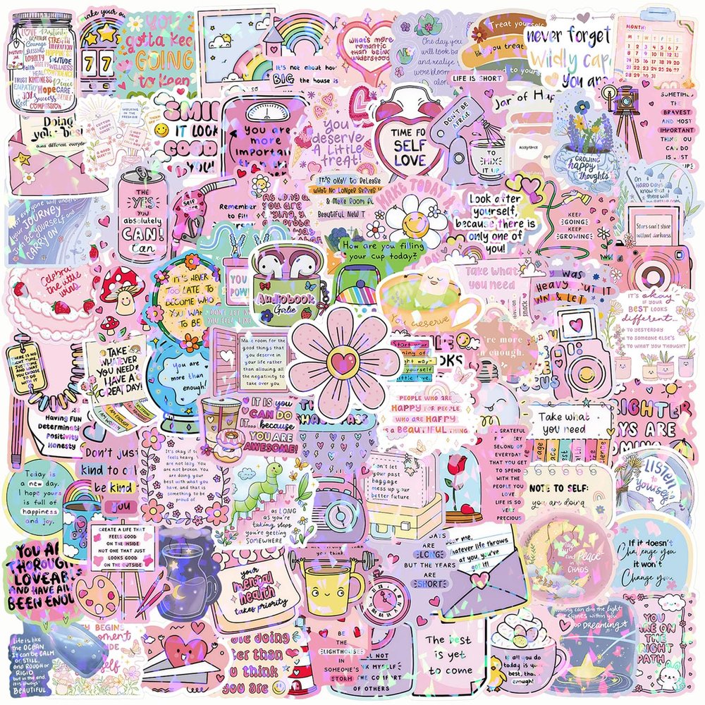 100 Pcs Holographic Inspirational Stickers for Girls Women, Positive Motivational Words Quote Stickers for Water Bottles Journal Scrapbook Vision Board Supplies Teachers Students