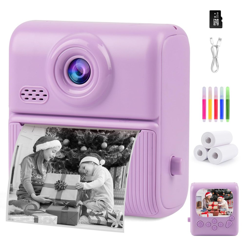 Kids Instant Print Camera,1080P Digital Camera for Kids with 32GB Card & 3 Rolls Printing Paper,4 6 7 8 9 10 Year Old Girls Boys Christmas Birthday Gifts, Instant Print Toys for Girls 6-8 8-10(Purple)