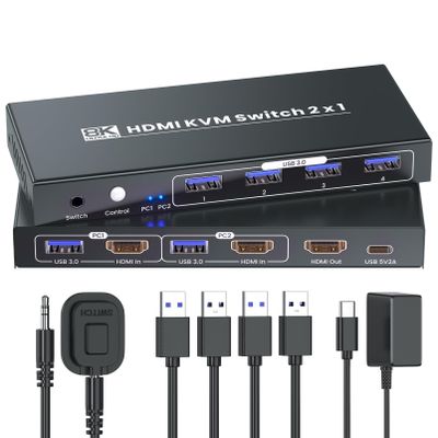 HDMI KVM Switch 1 Monitor 2 Computers, 8K60Hz 4K120Hz USB 3.0 2 Port HDMI KVM Switch for 2 PC Management Via 1 Set of Keyboard Mouse and 1 Monitor