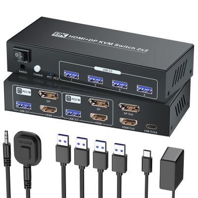 HDMI Displayport KVM Switch 2 Monitors 2 Computers, 8K60Hz 4K120Hz USB 3.0 Dual Monitor HDMI DP KVM Switch for 2 PCs Management Via 1 Set of Keyboard, Mouse and 2 Monitors