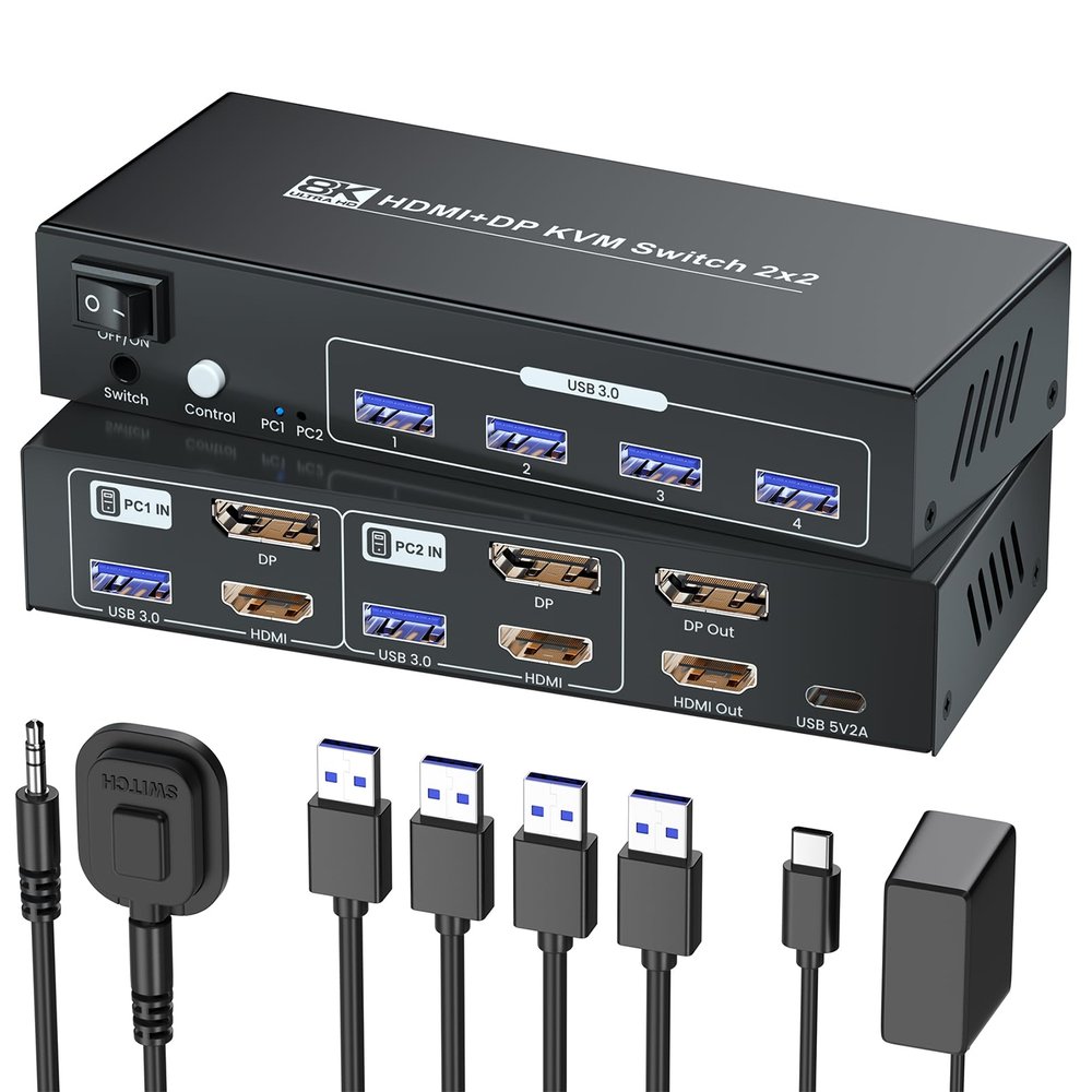 HDMI Displayport KVM Switch 2 Monitors 2 Computers, 8K60Hz 4K120Hz USB 3.0 Dual Monitor HDMI DP KVM Switch for 2 PCs Management Via 1 Set of Keyboard, Mouse and 2 Monitors