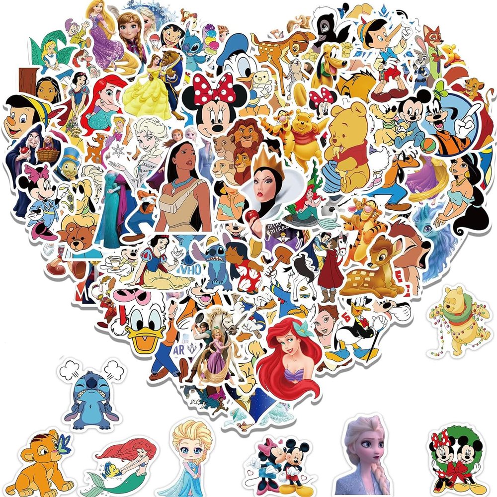 100pcs Cartoon Disney Mix Stickers for Kids, Cute Character Waterproof Vinyl Decal for Adult Teen Boy Girl Water Bottle Laptop Phone Skateboard Guitar Notebook Computer Luggage