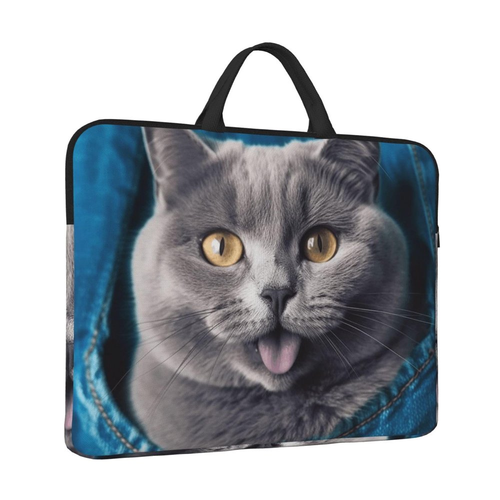 14 inch Laptop Sleeve with Handle Shockproof Laptop Bag Waterproof Computer Cover Bag Blue cat Sticking Out Tongue Briefcase