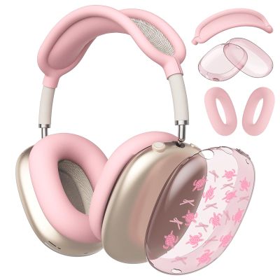CozyNestCY Cute Pink Bow Turtle Clear Case for Airpods Max Headphones Kawaii Sea Print Soft TPU Ear Cups Cover Anti-Scratch Silicone Ear Pad Protective Case Girl Headband Cover for Apple Airpods Max