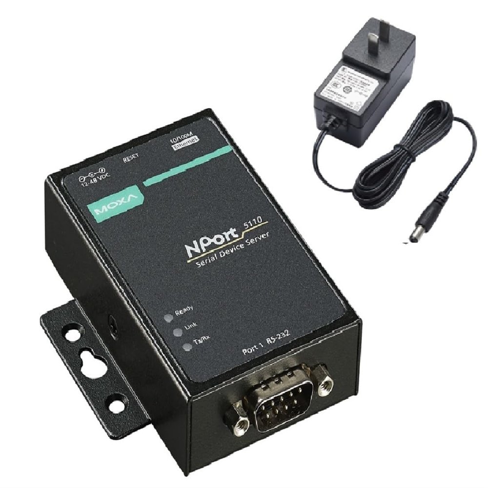 NPORT 5110/US - 1 Port Device Server, US Plug, 10/100M Ethernet, RS-232, DB9 Male, 12-48VDC. Power Adapter(Moxa)