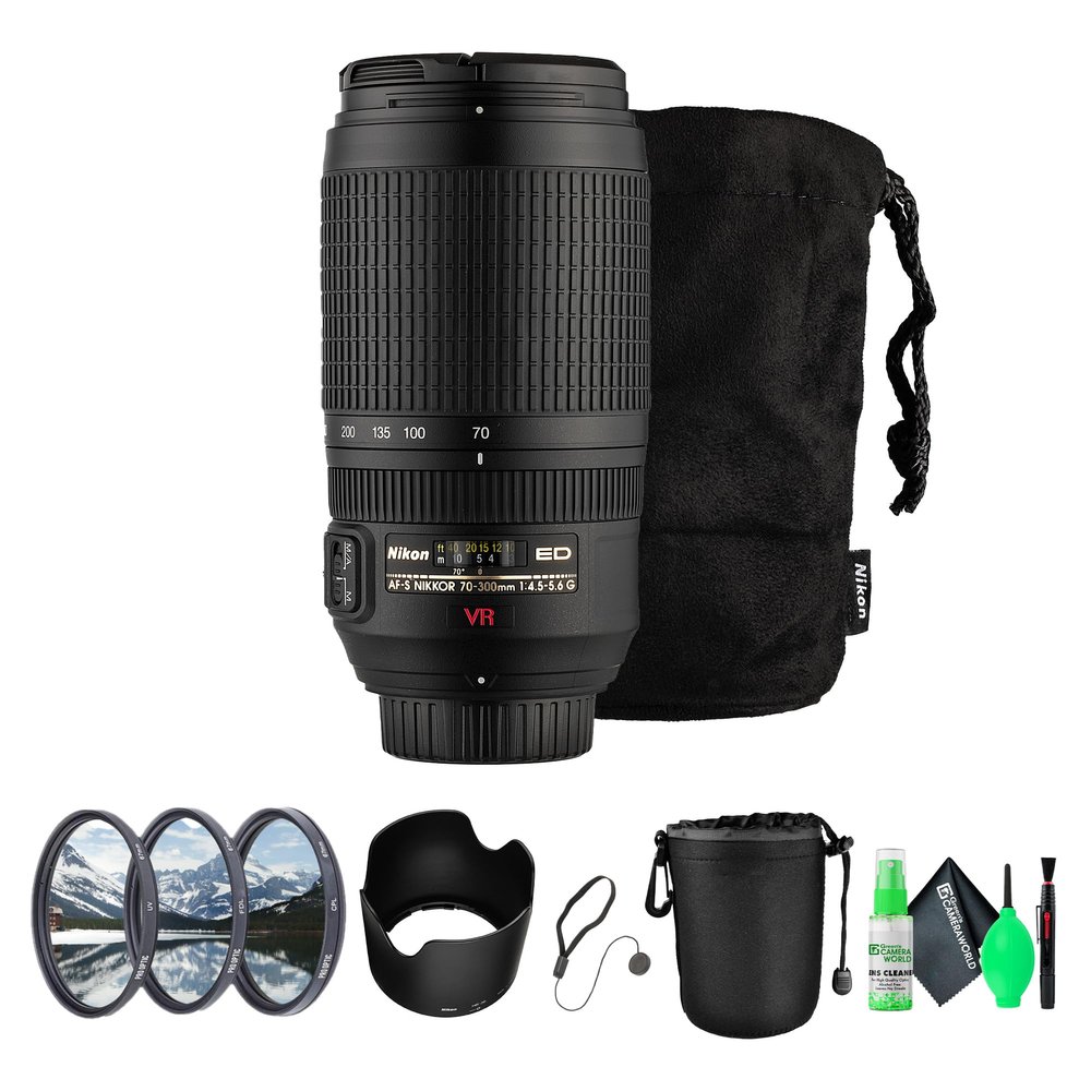 Nikon AF-S VR 70-300mm f/4.5-5.6G IF-ED Telephoto Zoom Lens VR, Lightweight (2161) + Filter Kit + Cleaning Kit + Pouch + Cap Keeper