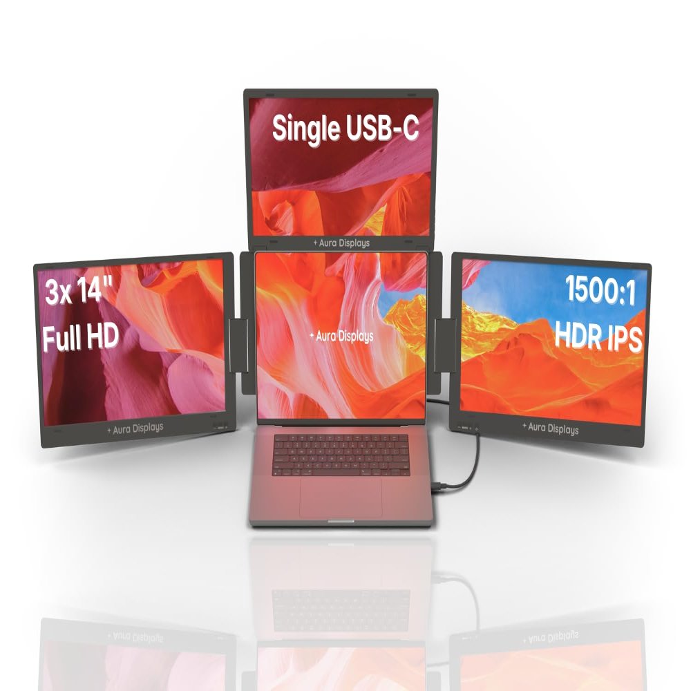 Aura Displays Triple Boost Pro 14" | Premium Triple Portable Monitor Extender | Full Aluminum | Quad Screens | 314 FHD 1080P HDR IPS | USB-C & HDMI | Compatible with 11-18 Laptops