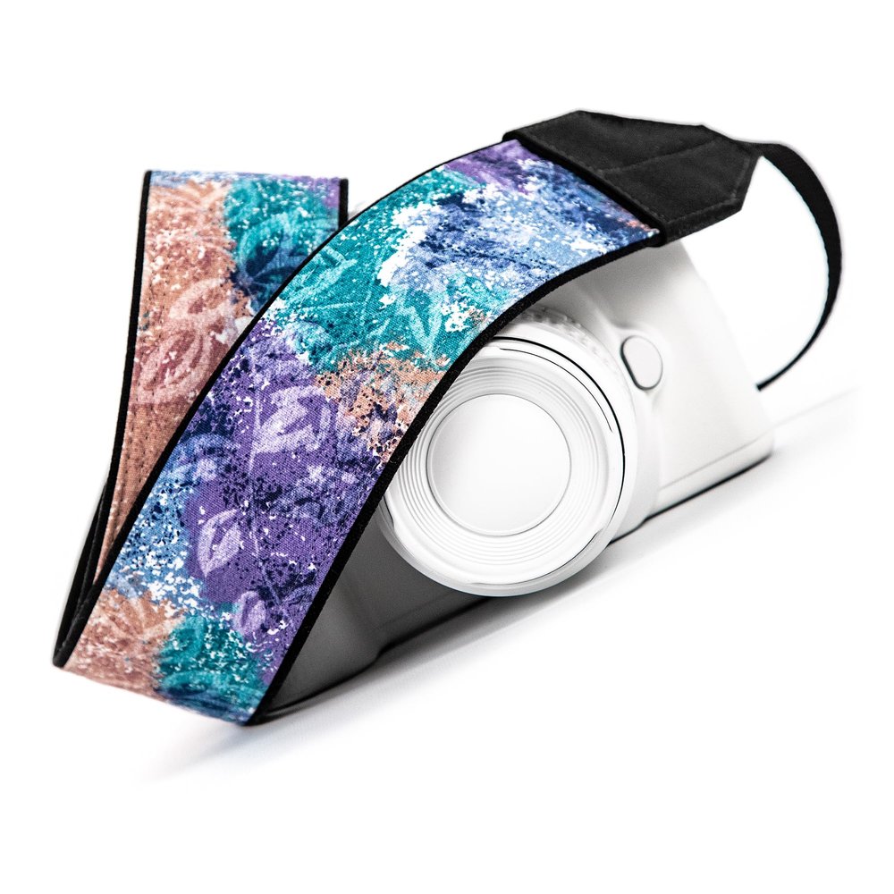 Camera Strap, Aqua Violet Peach Floral for DSLR, SLR or Mirrorless Cameras