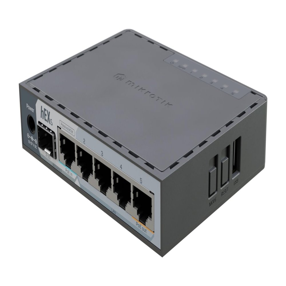 MikroTik hEX S (2025) E60iUGS A compact, affordable wired router featuring a 2.5G SFP port, 5x Gigabit Ethernet, PoE out, USB, and a fast dual-core CPU