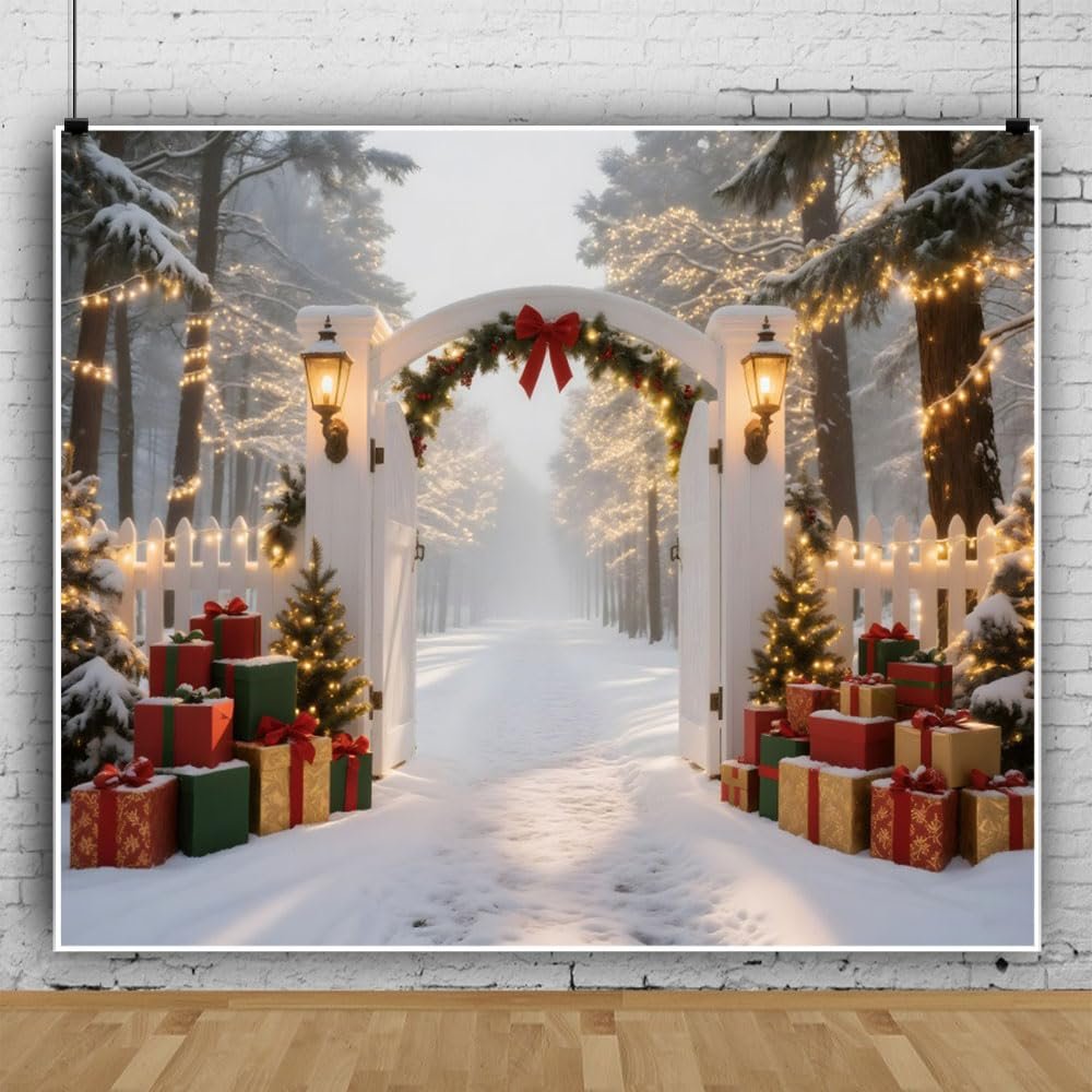 10x8ft Christmas Backdrop Glitter Snowy Forest Winter Wonderland Backdrops for Photography Christmas Photo Props for Photoshoot Xmas Archway Winter Scene Backdrop Friendsmas Holiday Decorations