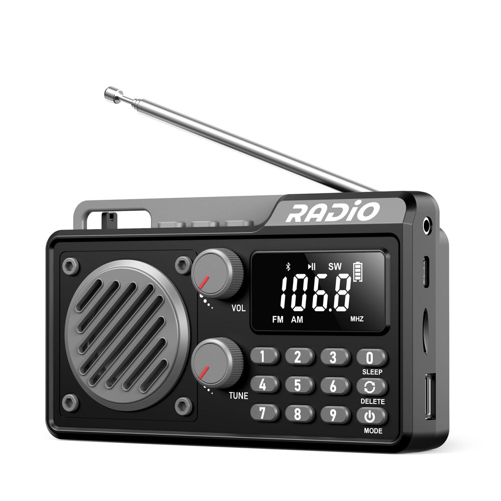 Portable Radio AM FM Shortwave, Rechargeable Radio Bluetooth Speaker-Black