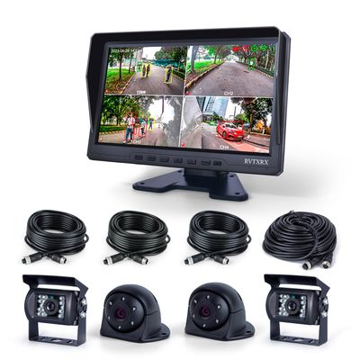10.1 Inch 1080P AHD Quad Split Touch Screen Truck Monitor System with 4 IP69K Night Vision Cameras, BSD Pedestrian & Vehicle Alert, Loop Recording, for RV, Bus, Trailer, Forklift, Truck