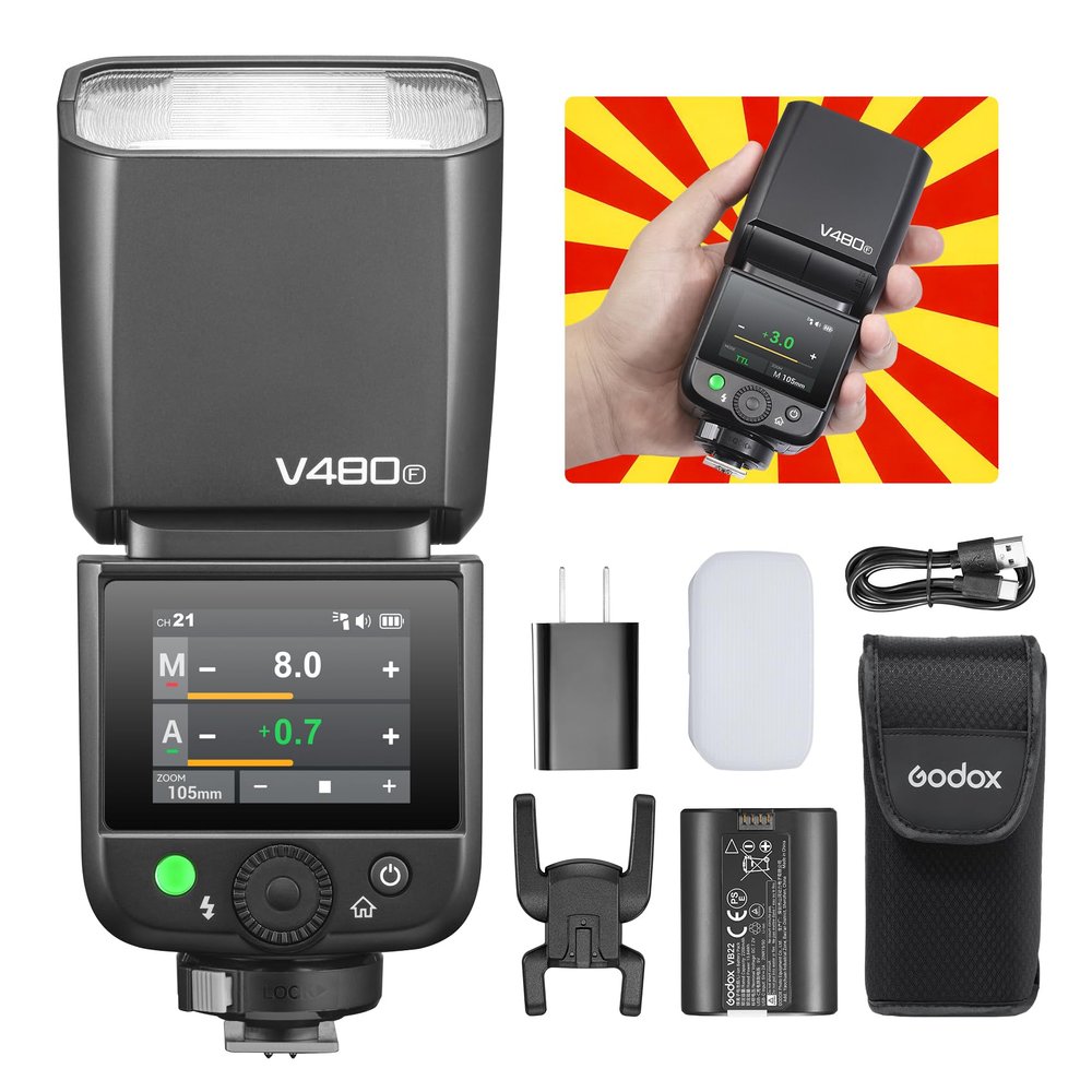 Godox V480F TTL Speedlite Flash for Fujifilm Cameras, GN50, 2.0" Touchscreen, HSS 1/8000s, 2.4G Wireless, USB-C Rechargeable, 650 Full-Power Flashes, Compatible with X-T5 X-T4 X-H2 X-S20 X-Pro3 X-E4