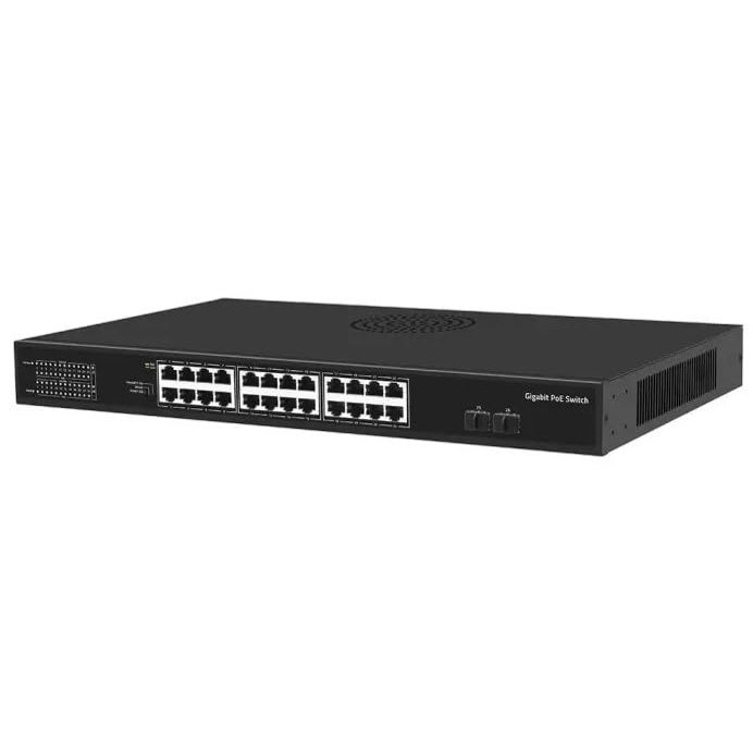 POE-2402AG 26-Port Gigabit PoE Switch with 24 PoE Ports & 2 SFP Uplink Ports, 10/100/1000Mbps, 380W PoE Power, Fanless Silent Design, VLAN & Surge Protection