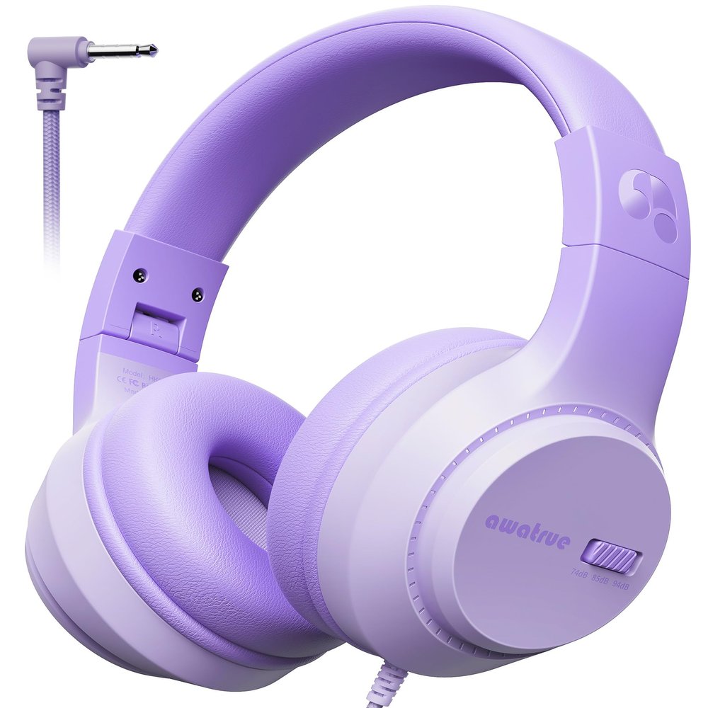 awatrue Kids Headphones, 74/85/94dB Volume Limiter, Foldable Wired Over Ear Headphones for Travel, 3.5mm Jack, Toddler Headphones for School, Chromebook, iPad, Tablet, Purple