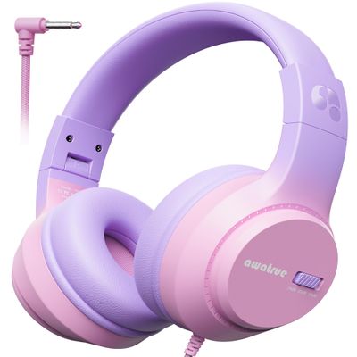 awatrue Kids Headphones, 74/85/94dB Volume Limiter, Foldable Wired Over Ear Headphones for Travel, 3.5mm Jack, Toddler Headphones for School, Chromebook, iPad, Tablet, Purple Pink