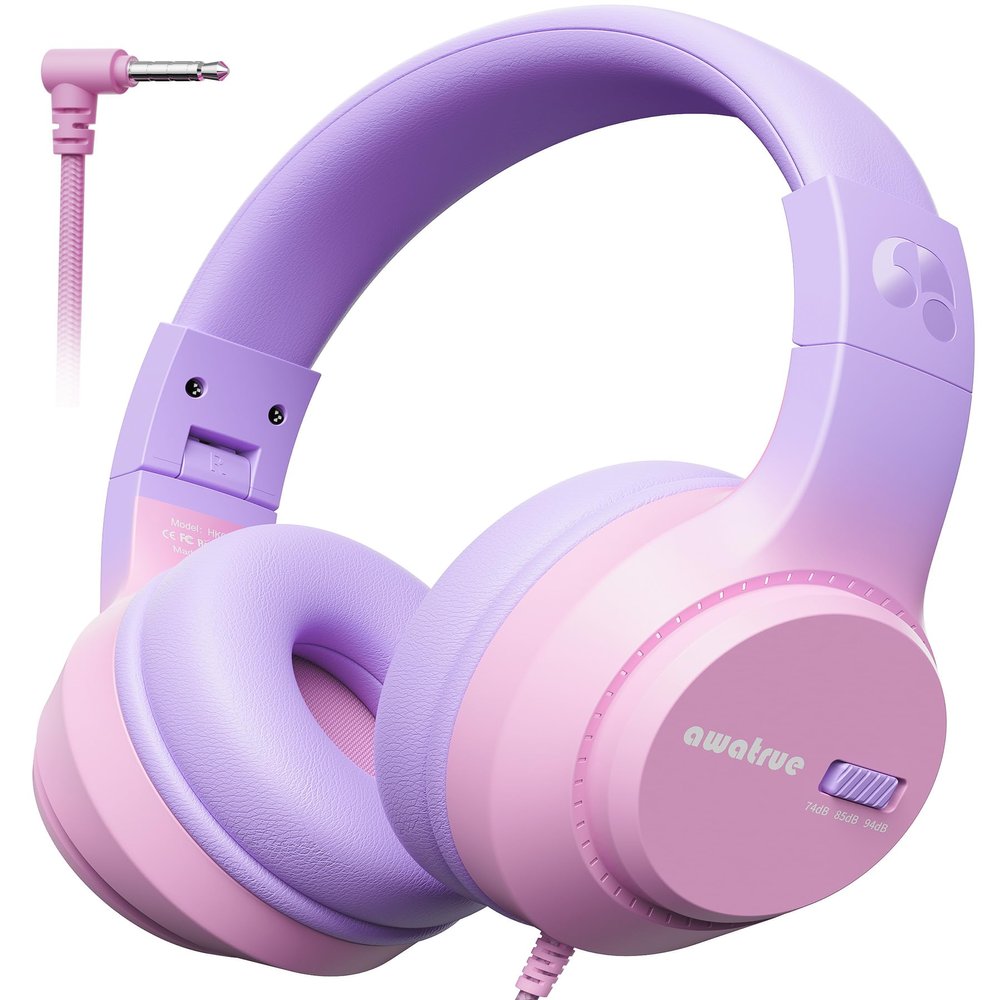 awatrue Kids Headphones, 74/85/94dB Volume Limiter, Foldable Wired Over Ear Headphones for Travel, 3.5mm Jack, Toddler Headphones for School, Chromebook, iPad, Tablet, Purple Pink