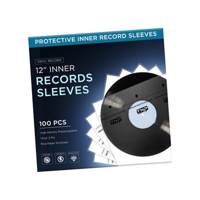 TNP 100 Vinyl Inner Sleeves Album Cover - Thick 3-Ply Vinyl Record Inner Sleeves 12 Inch for LP Storage Collection - Protective, Acid Free, Anti Static Record Sleeve Clear Cover with Rice Paper Inside