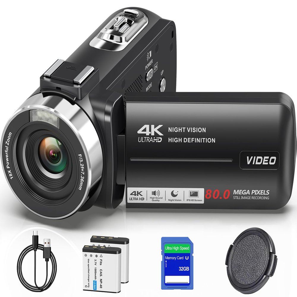 Camcorder Video Camera 4K Ultra HD 80MP Vlogging Camera for YouTube 18X Digital Zoom 3.0" 270 Rotation IPS Screen IR Night Vision Camcorder Recorder with 32GB SD Card, Lens Cap and 2 Batteries