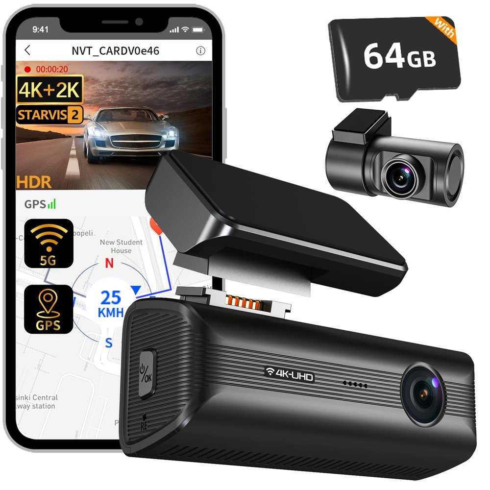 4K Dual Dash Cam Front and Rear, STARVIS 2 Sensor,5G WiFi - up to 20MB/s Fastest Download,Bulit-in GPS Dash Camera for Cars & Night Vision,170 Wide Angle,G-Sensor,24H Parking Mode,with 64GB Card