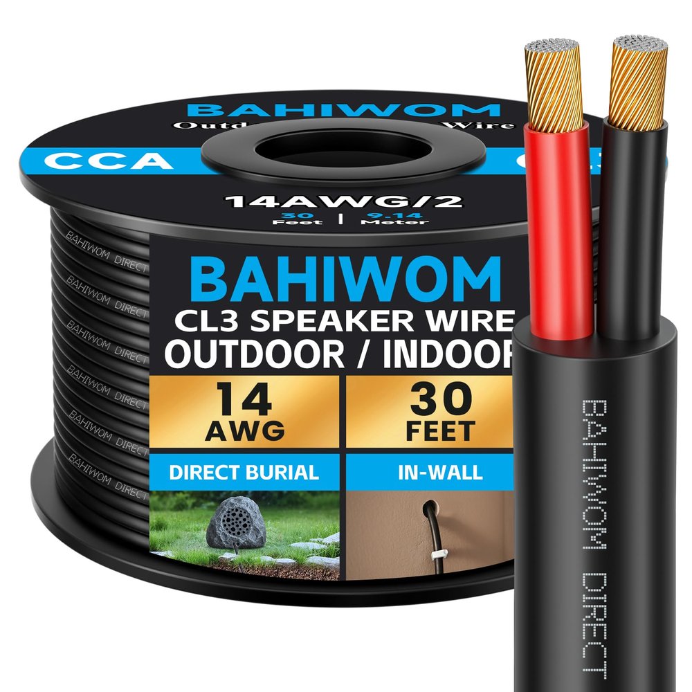 BAHIWOM Outdoor Speaker Wire 14 AWG (30 Feet/9.16 Meters) CCA Speaker Cable CL3 Rated for Patio, Garden, Backyard, Landscape Audio, Direct Burial in Ground/in-Wall Black 2 Conductors