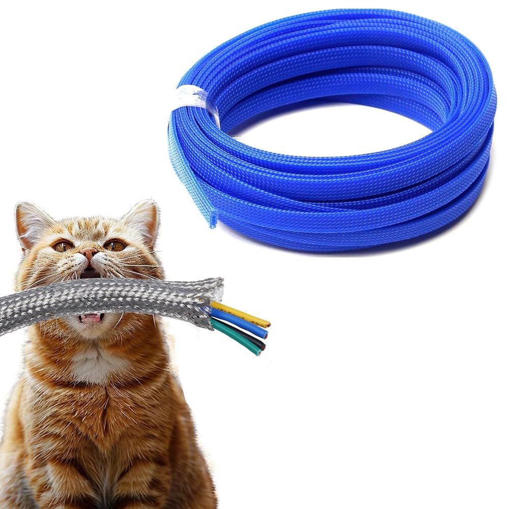 Hegebeck Expandable Braided Cable Sleeving 16.4ft Length - 0.16inch Width, PET Flexible Mesh Protective Sleeves for Tube,Wires,USB Cable,Audio Power Cord,Pets Cats Dogs Chew,Blue 1pc