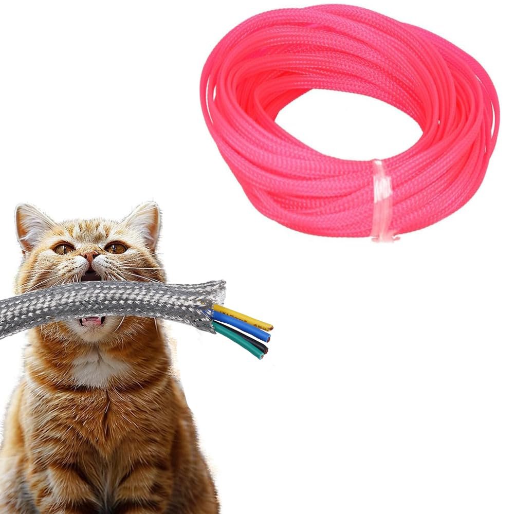 Hegebeck Expandable Braided Cable Sleeving 3.3ft Length - 0.16inch Width, PET Flexible Mesh Protective Sleeves for Tube,Wires,USB Cable,Audio Power Cord,Pets Cats Dogs Chew,Fluorescent Pink 1pc