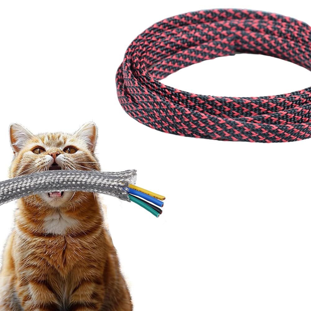Hegebeck Expandable Braided Cable Sleeving 32.8ft Length - 0.71inch Width, PET Flexible Mesh Protective Sleeves for Tube,Wires,USB Cable,Audio Power Cord,Pets Cats Dogs Chew,Black-red 1pc