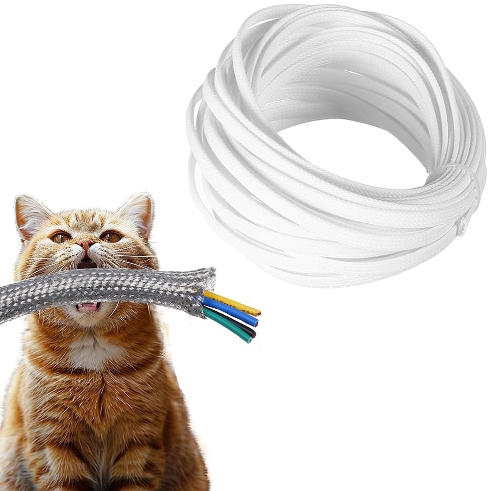 Hegebeck Expandable Braided Cable Sleeving 9.9ft Length - 0.32inch Width, PET Flexible Mesh Protective Sleeves for Tube,Wires,USB Cable,Audio Power Cord,Pets Cats Dogs Chew,White 1pc