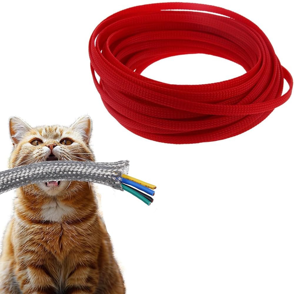 Hegebeck Expandable Braided Cable Sleeving 32.8ft Length - 0.4inch Width, PET Flexible Mesh Protective Sleeves for Tube,Wires,USB Cable,Audio Power Cord,Pets Cats Dogs Chew,Red 1pc