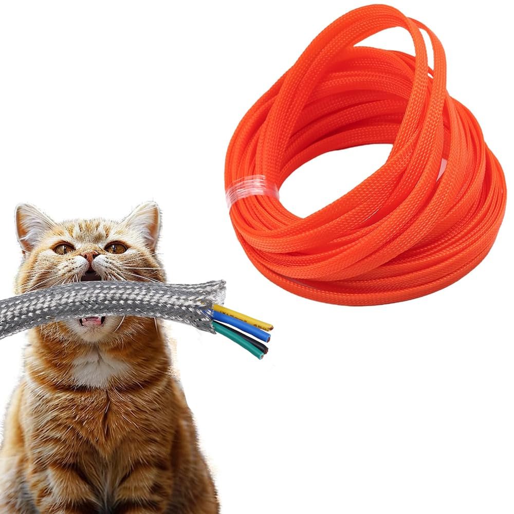 Hegebeck Expandable Braided Cable Sleeving 16.4ft Length - 0.4inch Width, PET Flexible Mesh Protective Sleeves for Tube,Wires,USB Cable,Audio Power Cord,Pets Cats Dogs Chew,Orange 1pc