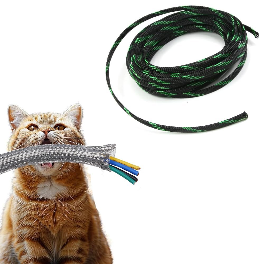 Hegebeck Expandable Braided Cable Sleeving 3.3ft Length -0.63inch Width,PET Flexible Mesh Protective Sleeves for Tube,Wires,USB Cable,Audio Power Cord,Pets Cats Dogs Chew,Fluorescent green + Black 1pc