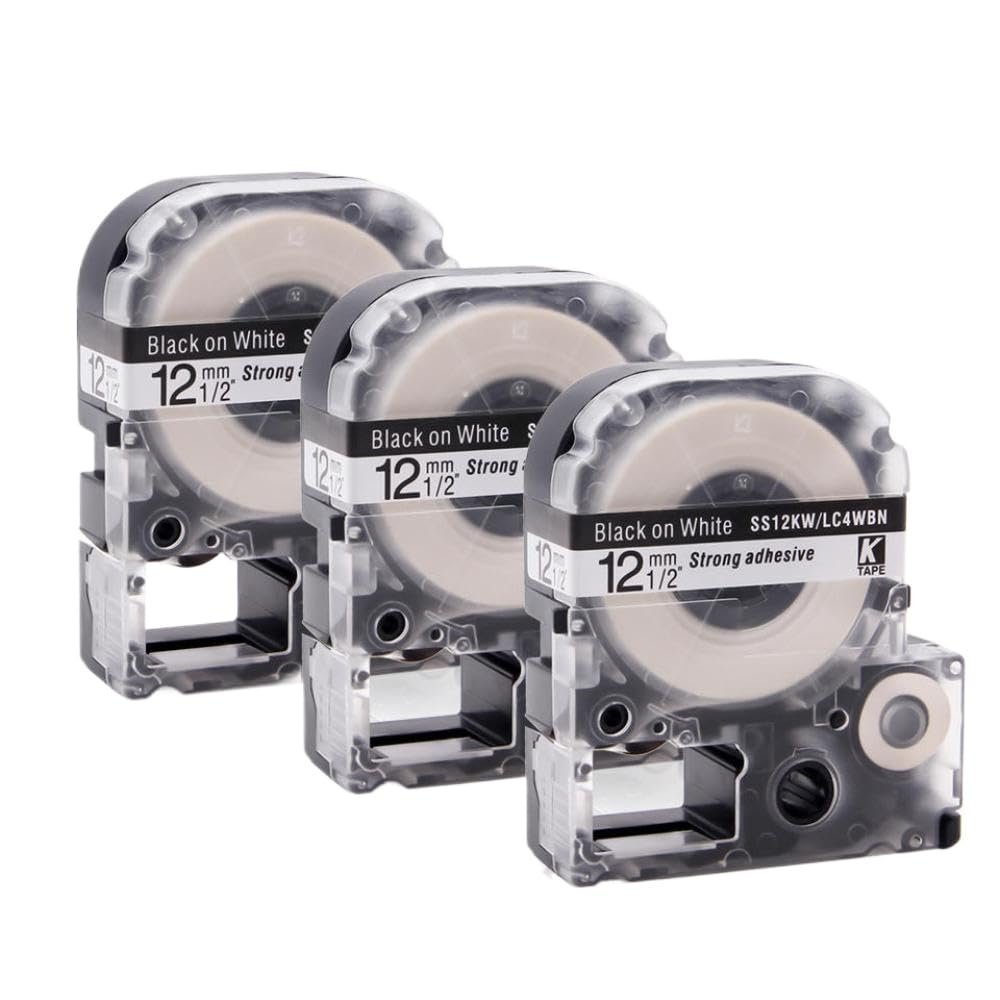 3PK Black On White SS12KW Label Tape 12mm 4WBN Compatible with Label Maker LW-300 LW-400 LW-500 LW-600P LW-700 and Similar Models