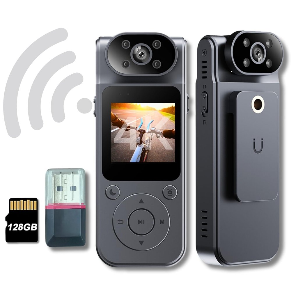 4K HD Body Camera Video Recorder with 180 Rotation Lens and WiFi for Real-Time Viewing, 128GB Memory, and Infrared Night Vision Body Cam, Ideal for Outdoor Security, Law Enforcement,Travel.(4K-128G)