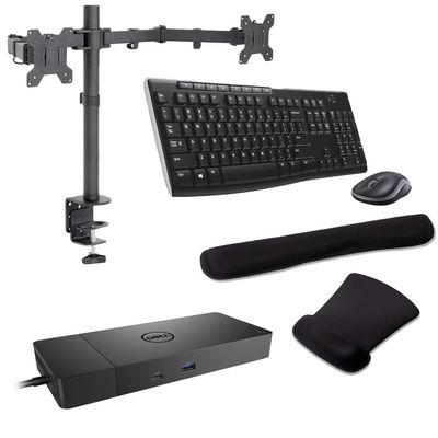 Dell WD19S USB-C Workstation Dock 90W, 4K Support, HDMI, USB Hub and Ethernet Bundled with Desk Mount Dual Monitor Stand, MK270 Wireless Keyboard & Mouse, Gel Mouse & Wrist Pad