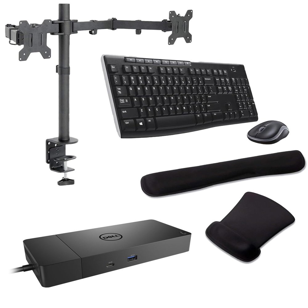 Dell WD19S USB-C Workstation Dock 90W, 4K Support, HDMI, USB Hub and Ethernet Bundled with Desk Mount Dual Monitor Stand, MK270 Wireless Keyboard & Mouse, Gel Mouse & Wrist Pad